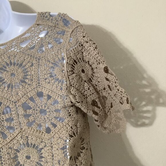 Kings Road Tan Crochet Boho Beachy Summer Festival Fairy Hippie Crop Top S - Picture 6 of 10
